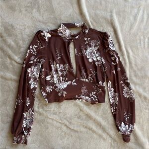Brown Floral Keyhole Open Back Crop Top